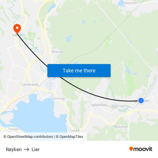 Røyken to Lier map