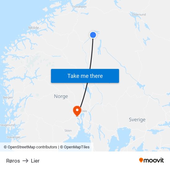 Røros to Lier map