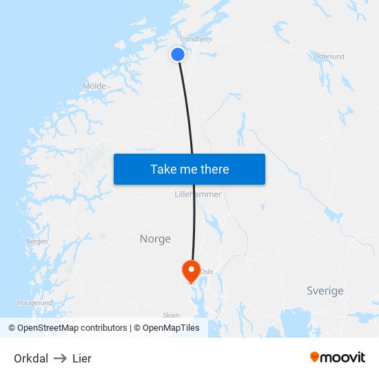 Orkdal to Lier map