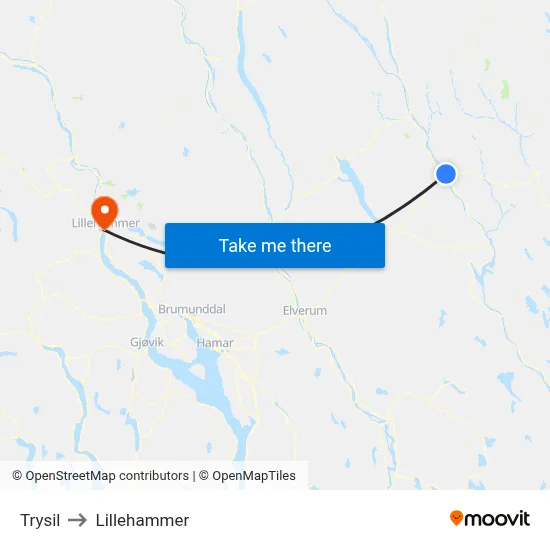 Trysil to Lillehammer map