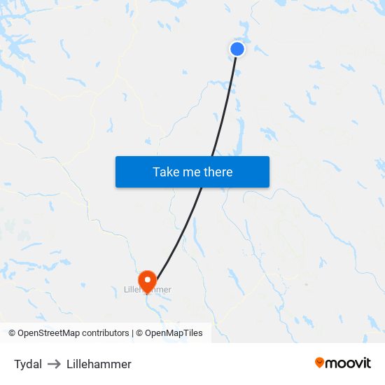 Tydal to Lillehammer map