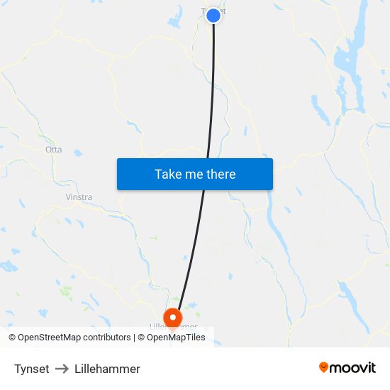 Tynset to Lillehammer map