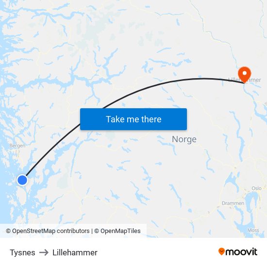 Tysnes to Lillehammer map