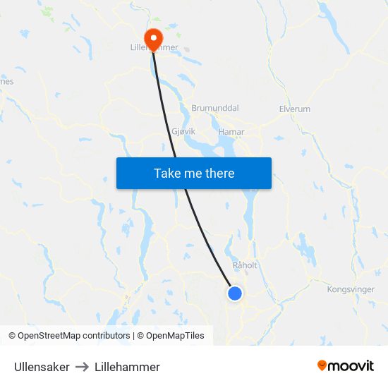 Ullensaker to Lillehammer map