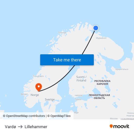 Vardø to Lillehammer map