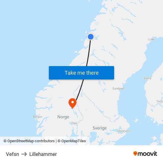 Vefsn to Lillehammer map