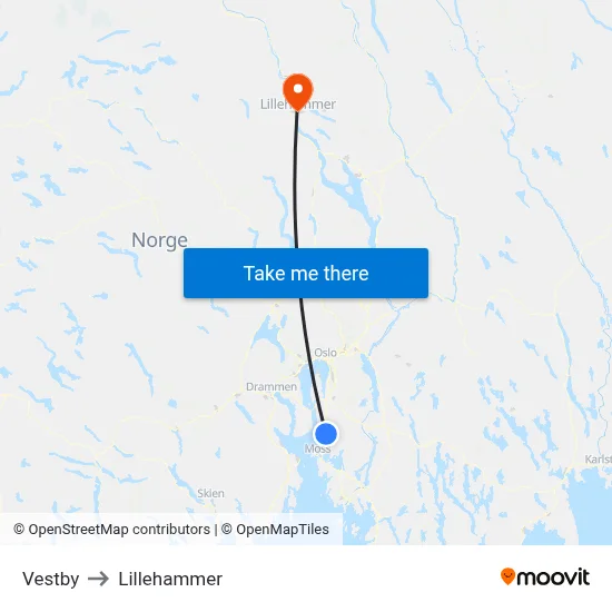 Vestby to Lillehammer map