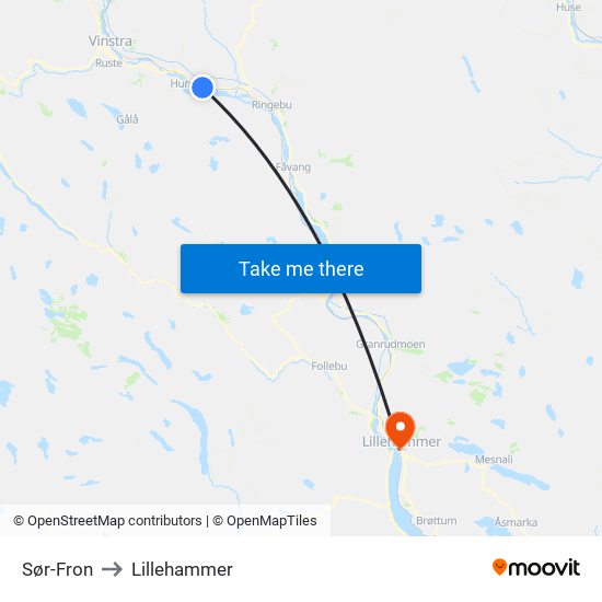 Sør-Fron to Lillehammer map