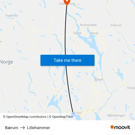 Bærum to Lillehammer map