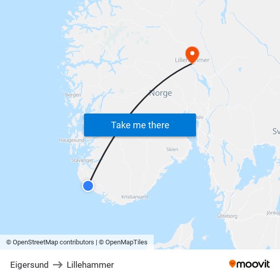 Eigersund to Lillehammer map