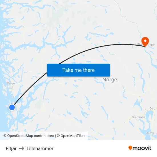 Fitjar to Lillehammer map