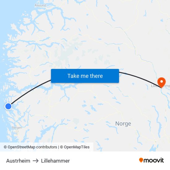Austrheim to Lillehammer map