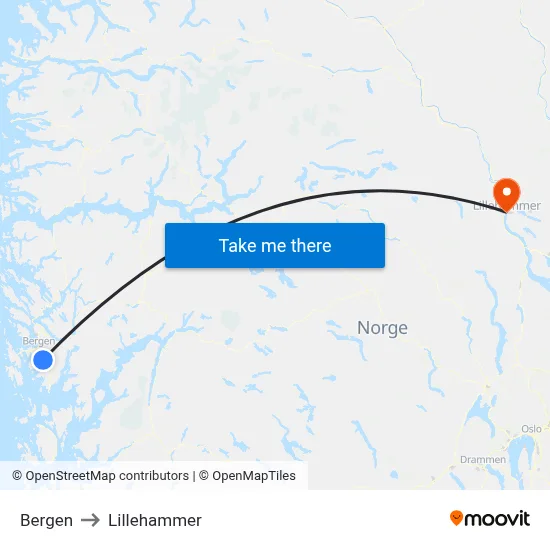 Bergen to Lillehammer map