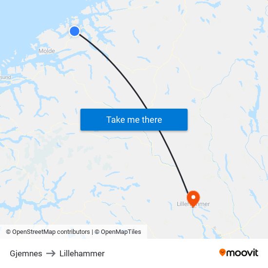 Gjemnes to Lillehammer map