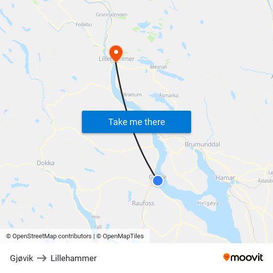 Gjøvik to Lillehammer map