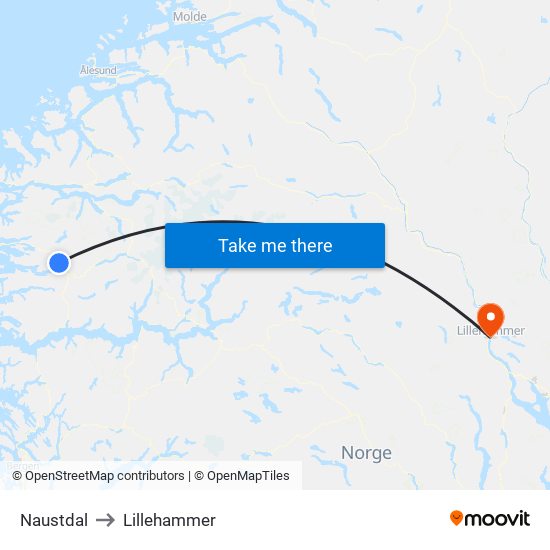 Naustdal to Lillehammer map