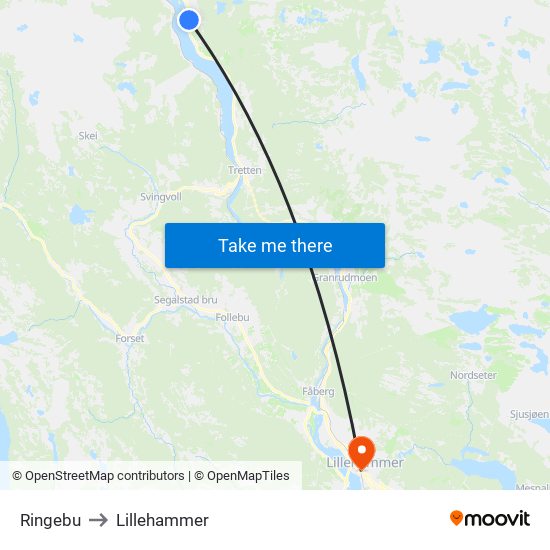Ringebu to Lillehammer map