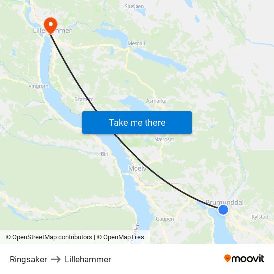 Ringsaker to Lillehammer map