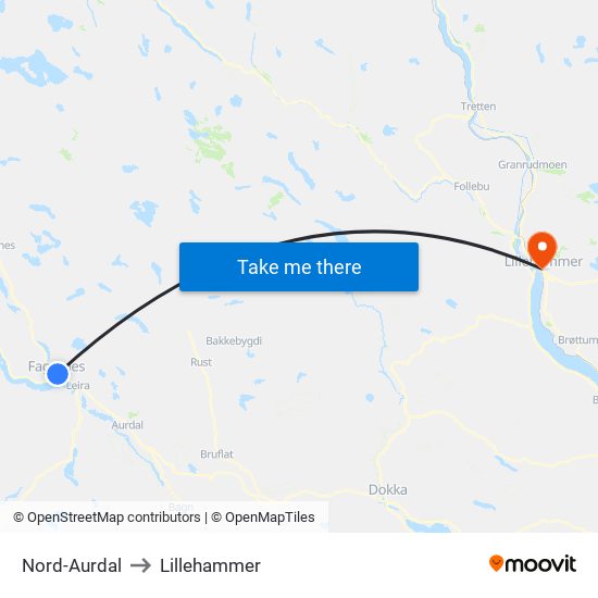Nord-Aurdal to Lillehammer map