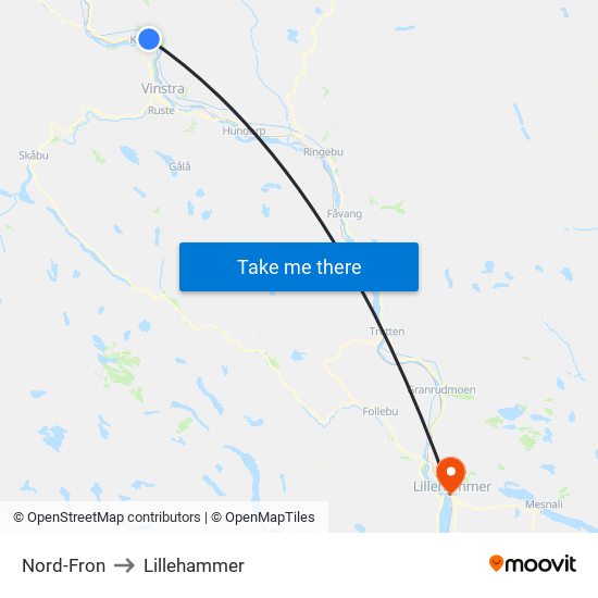 Nord-Fron to Lillehammer map