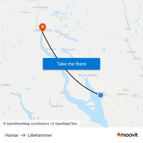 Hamar to Lillehammer map