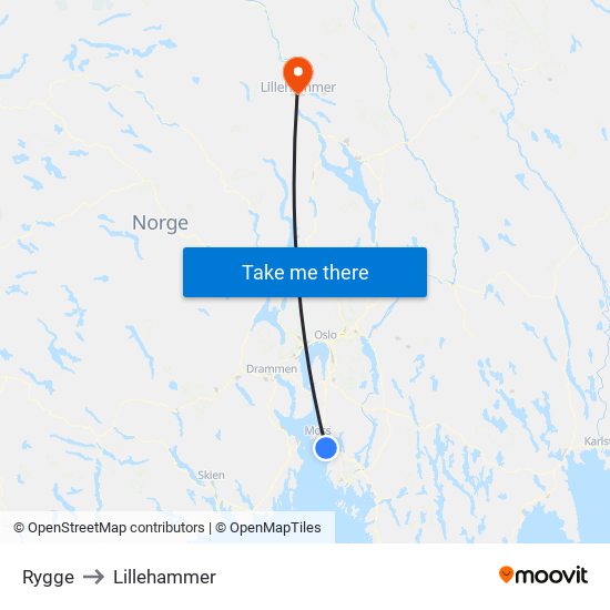 Rygge to Lillehammer map
