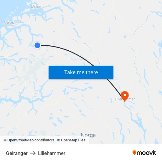 Geiranger to Lillehammer map