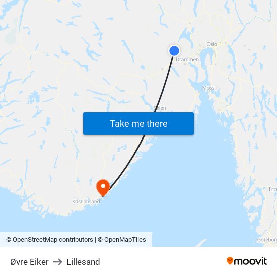 Øvre Eiker to Lillesand map