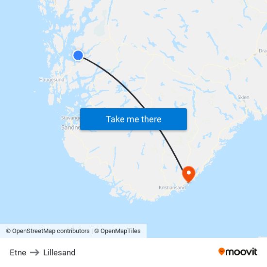 Etne to Lillesand map