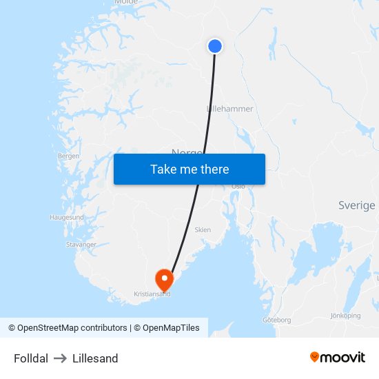 Folldal to Lillesand map