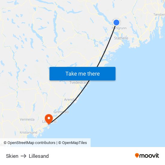 Skien to Lillesand map