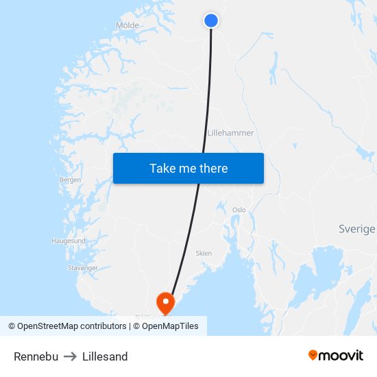 Rennebu to Lillesand map