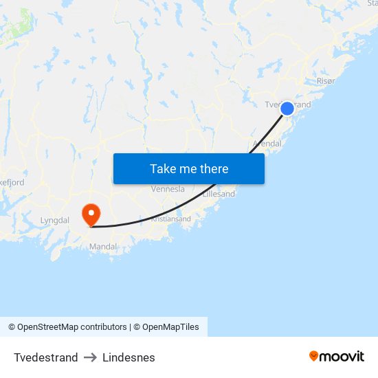 Tvedestrand to Lindesnes map