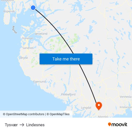 Tysvær to Lindesnes map