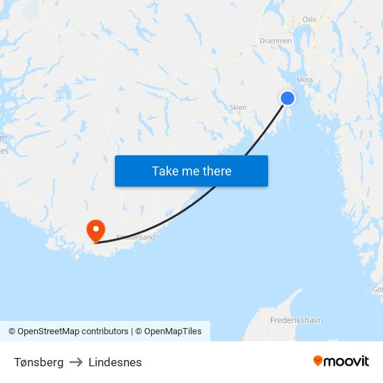 Tønsberg to Lindesnes map