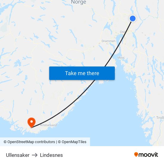 Ullensaker to Lindesnes map