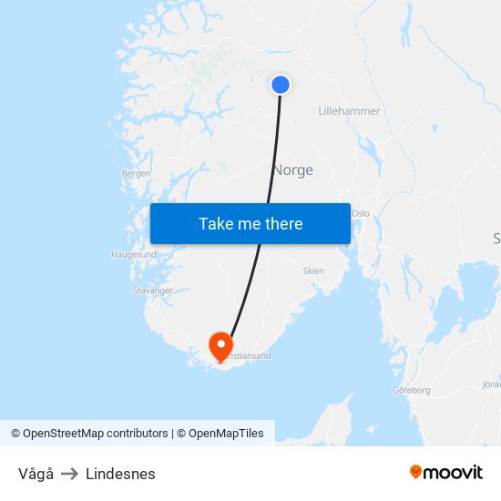 Vågå to Lindesnes map
