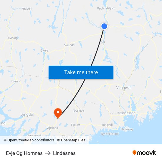 Evje Og Hornnes to Lindesnes map