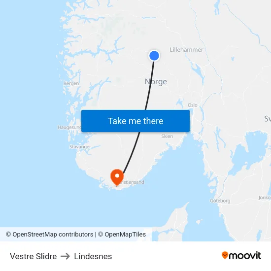 Vestre Slidre to Lindesnes map