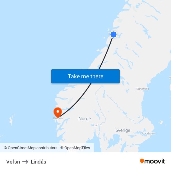 Vefsn to Lindås map