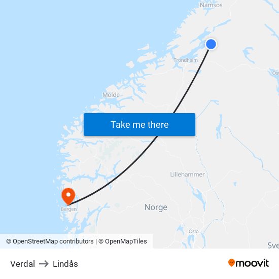 Verdal to Lindås map