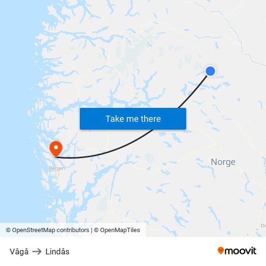 Vågå to Lindås map