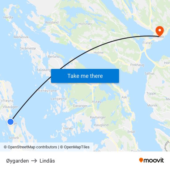 Øygarden to Lindås map