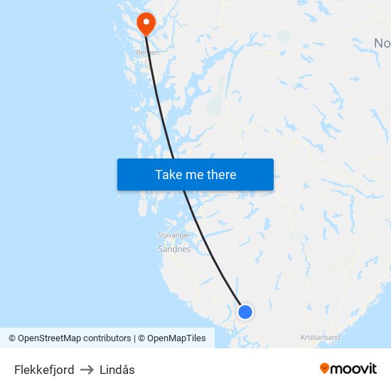 Flekkefjord to Lindås map