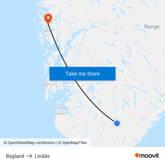 Bygland to Lindås map