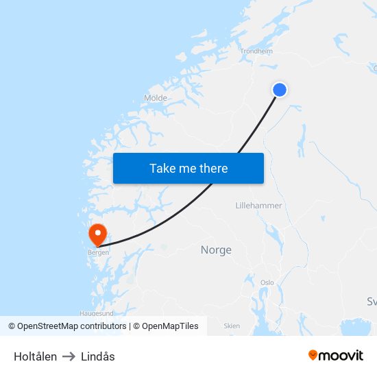 Holtålen to Lindås map