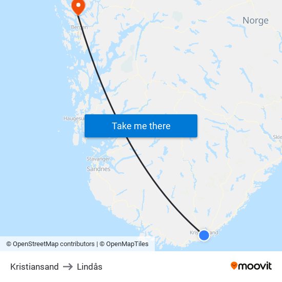 Kristiansand to Lindås map
