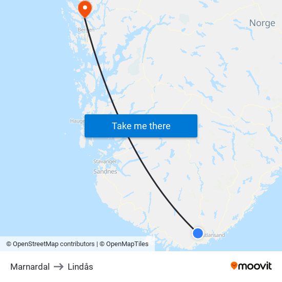 Marnardal to Lindås map