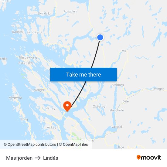 Masfjorden to Lindås map