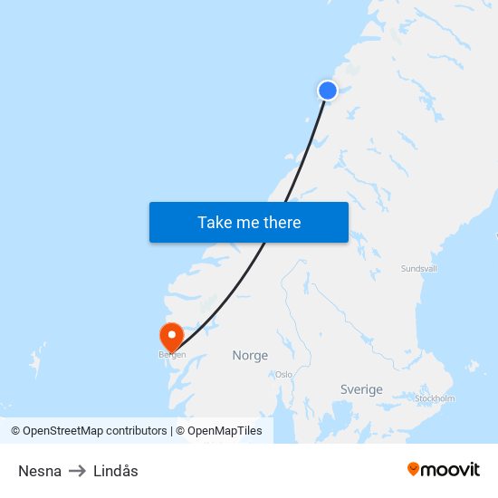 Nesna to Lindås map